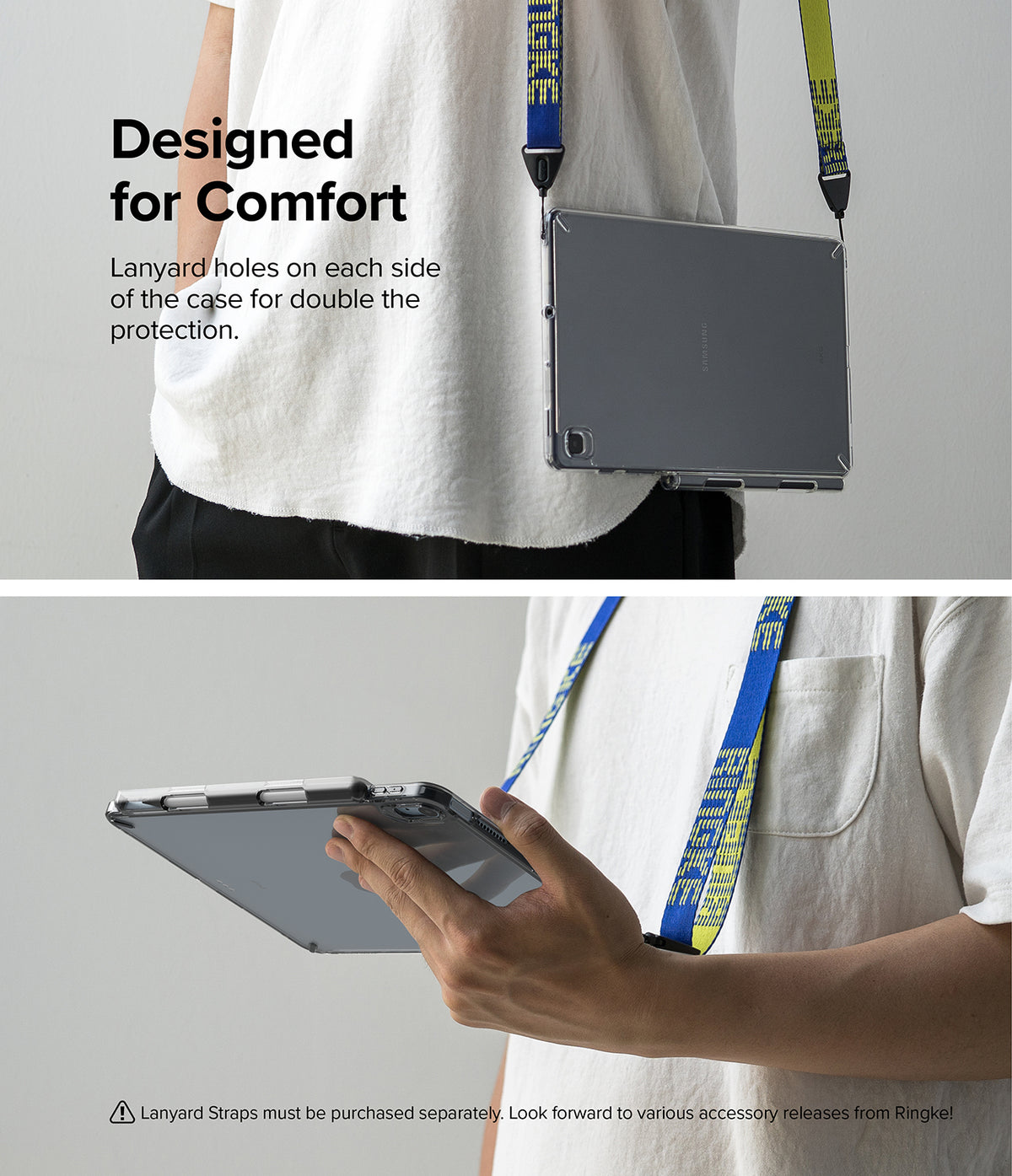 Fusion | iPad - A tablet in a clear case worn with a blue and yellow patterned lanyard strap over a white t-shirt.