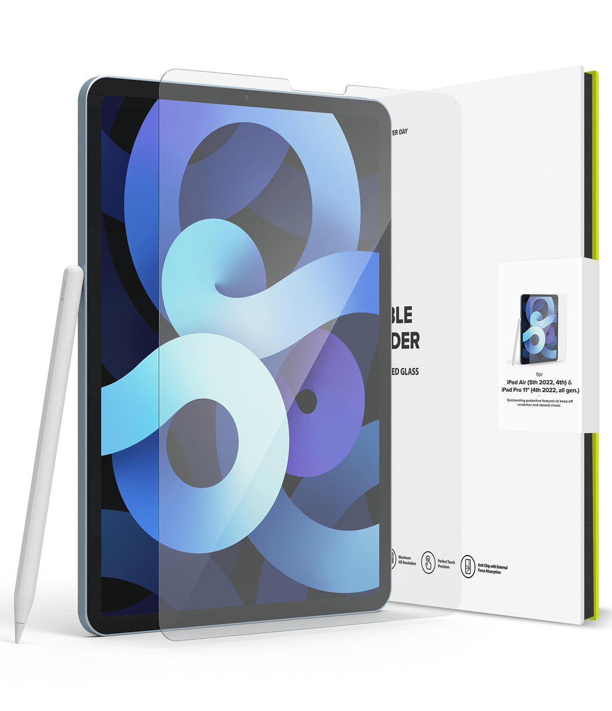 Invisible Defender Glass | iPad - iPad with screen protector, stylus, and product packaging box on a white background.
