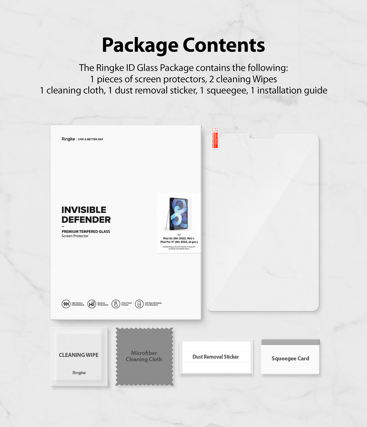 Invisible Defender Glass | iPad - iPad screen protector packaging with glass, cleaning wipes, cloth, sticker, and squeegee card.