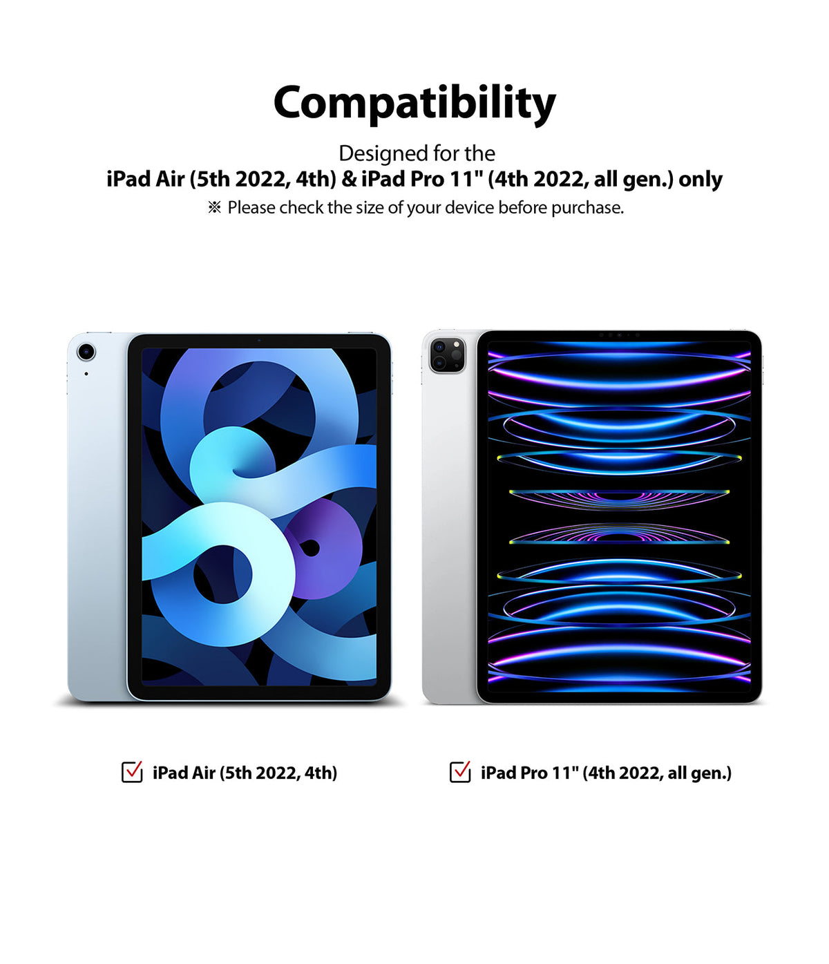 Invisible Defender Glass | iPad - Compatibility chart showing iPad Air and iPad Pro models with checkmarks.