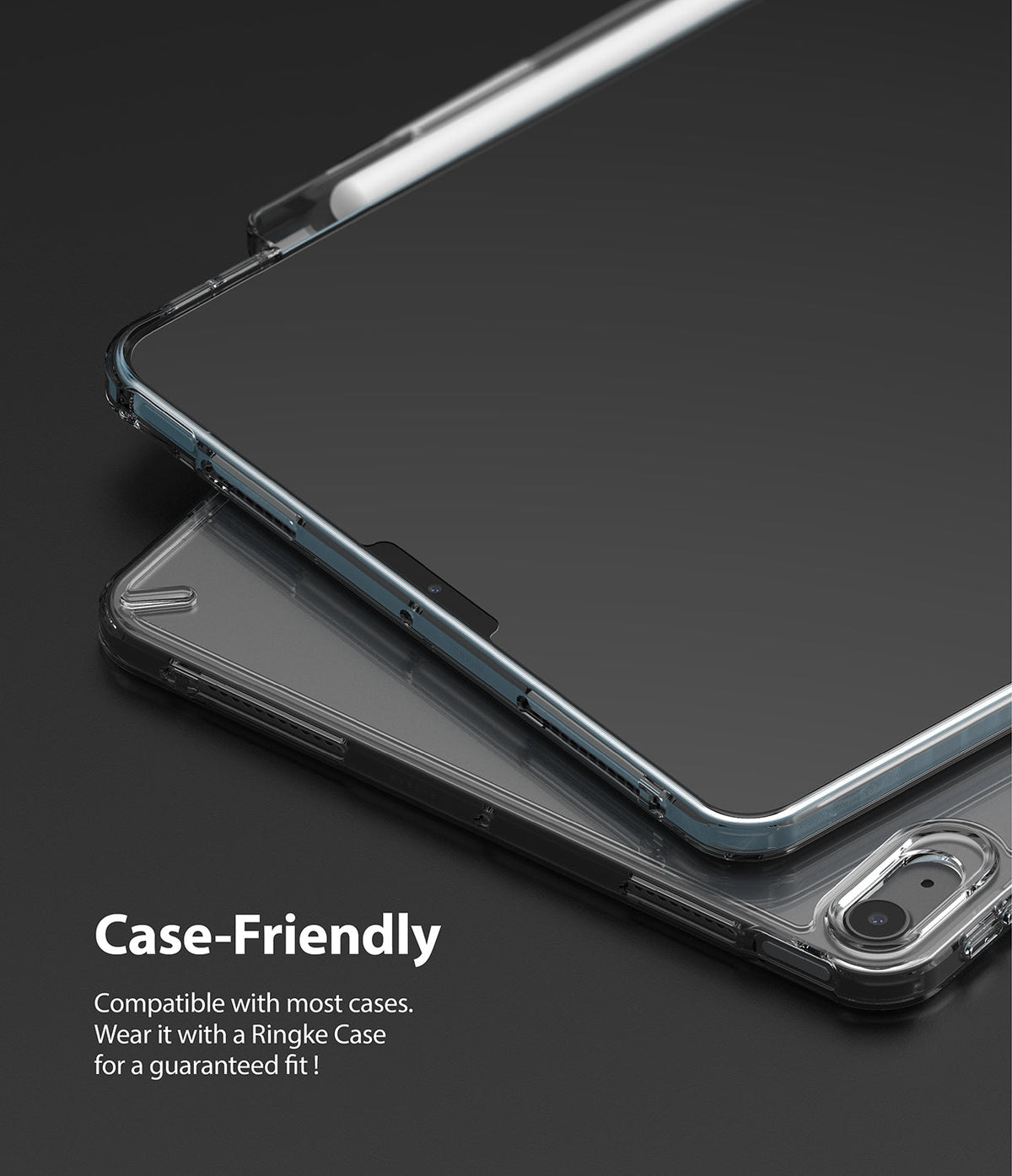 Invisible Defender Glass | iPad - Close-up of an iPad with a screen protector inside a clear case on a dark background.
