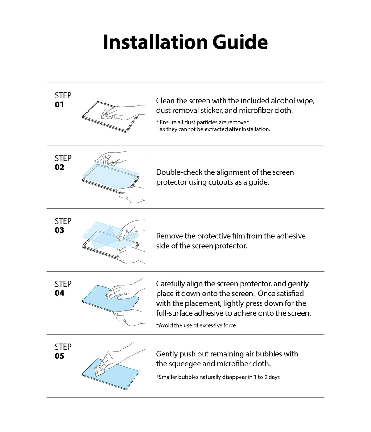 Invisible Defender Glass | iPad - Five-step illustrated guide showing how to clean, align, and apply a screen protector.
