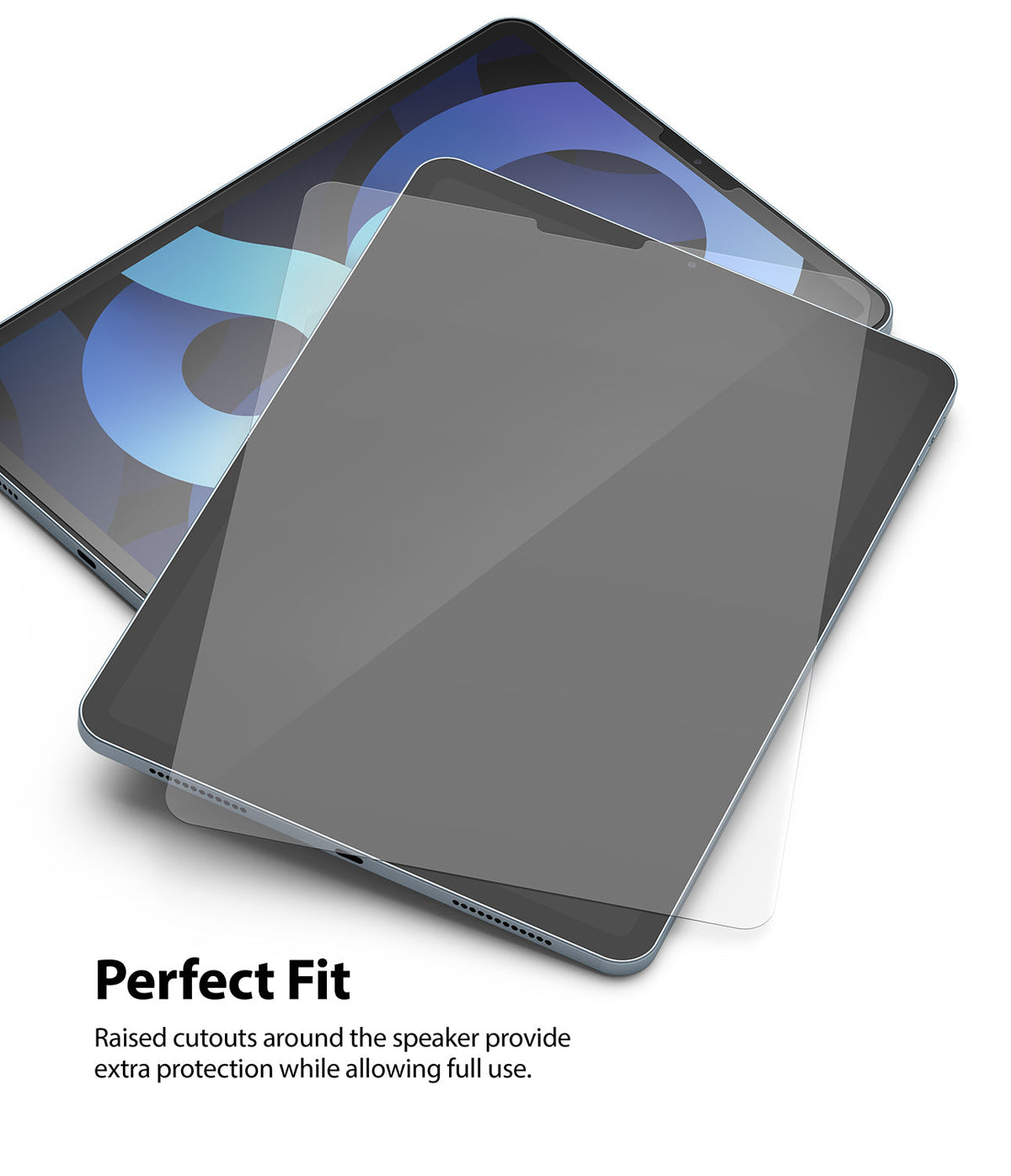Invisible Defender Glass | iPad - Transparent screen protector hovering above an iPad with precise speaker cutouts.