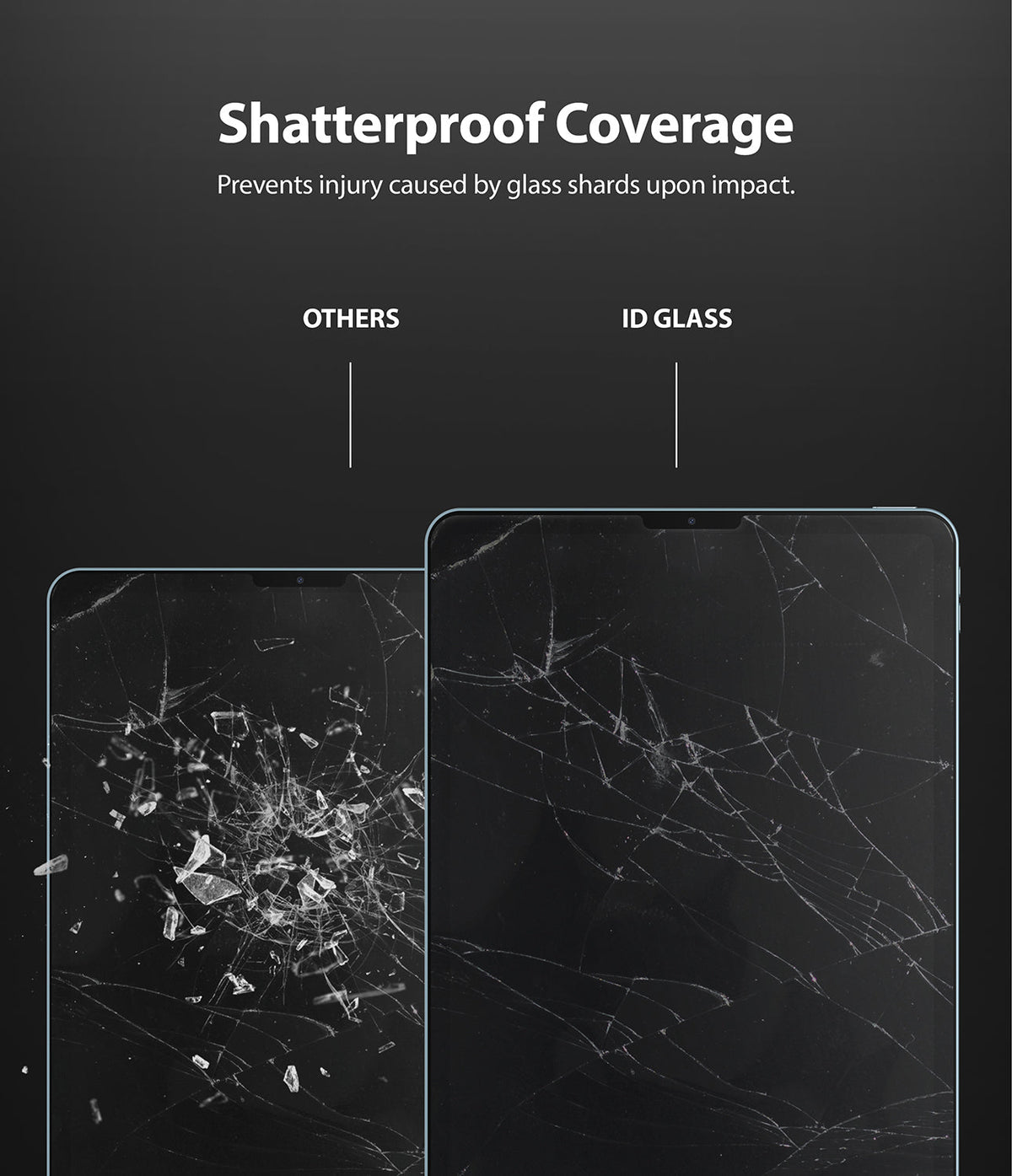 Invisible Defender Glass | iPad - Comparison showing shattered standard glass with loose shards versus ID Glass held together.