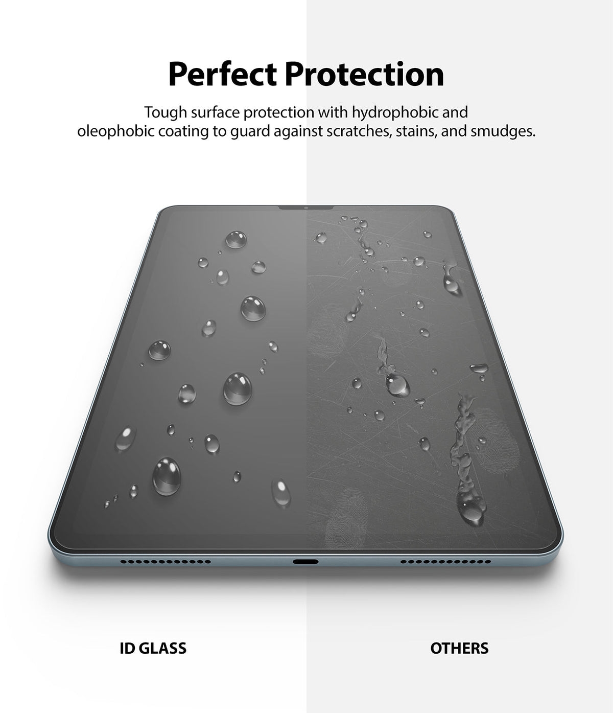 Invisible Defender Glass | iPad - Comparison showing water beading on ID Glass versus smudges and scratches on others.