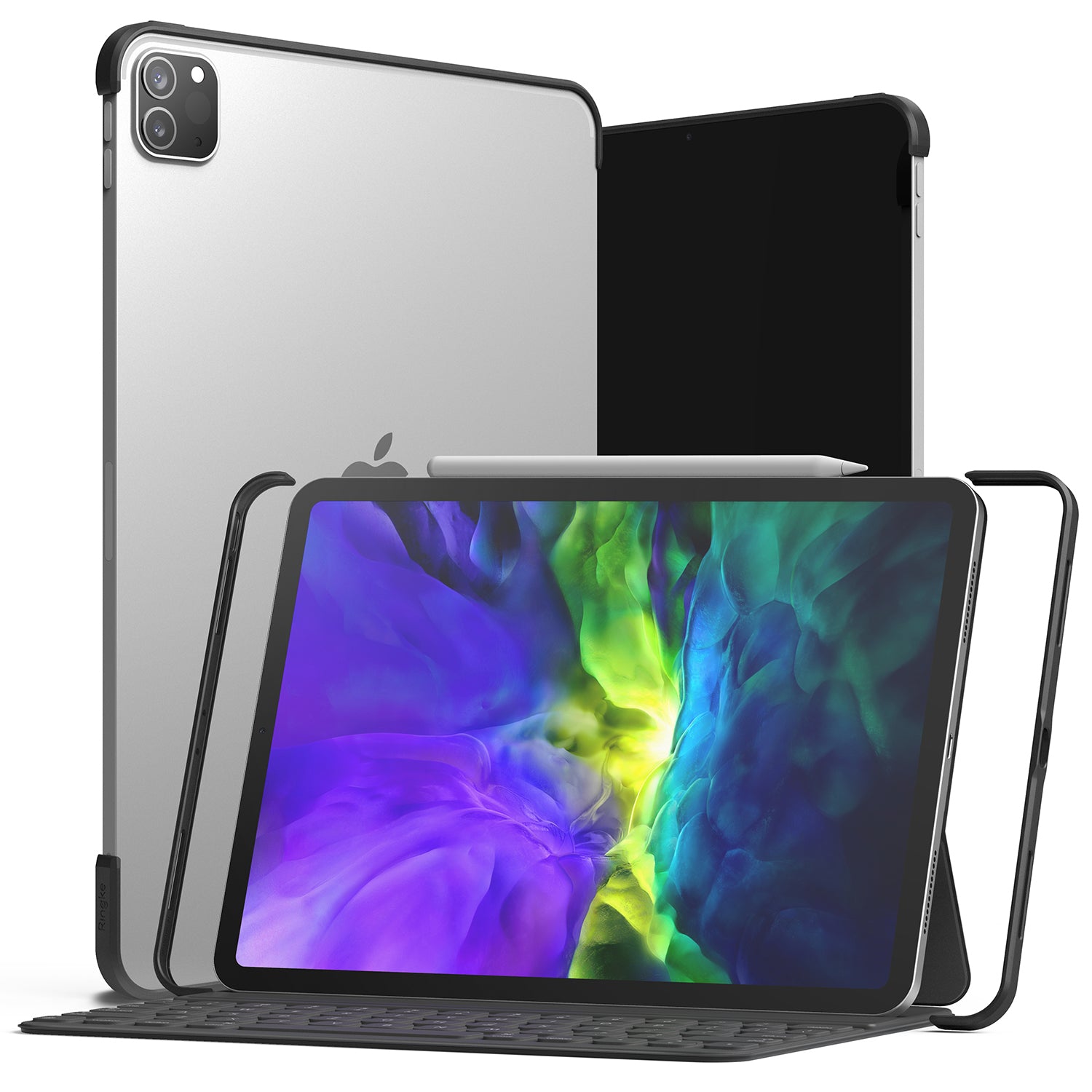 Frame Shield | iPad - Black protective frame case for iPad with keyboard, showing front and back views with a stylus.