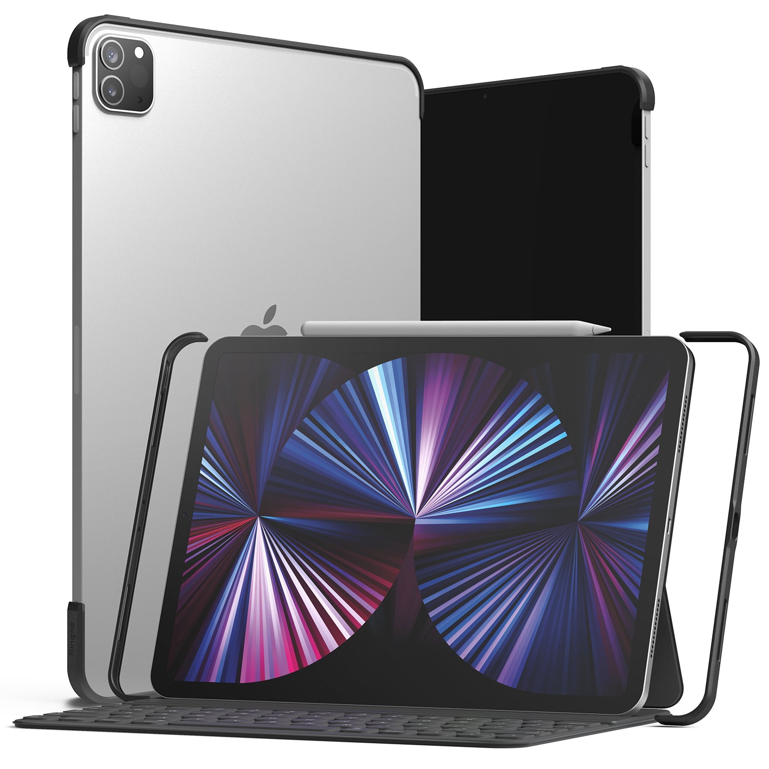 Frame Shield | iPad - Black protective frame case for iPad with keyboard, shown from front and back angles.