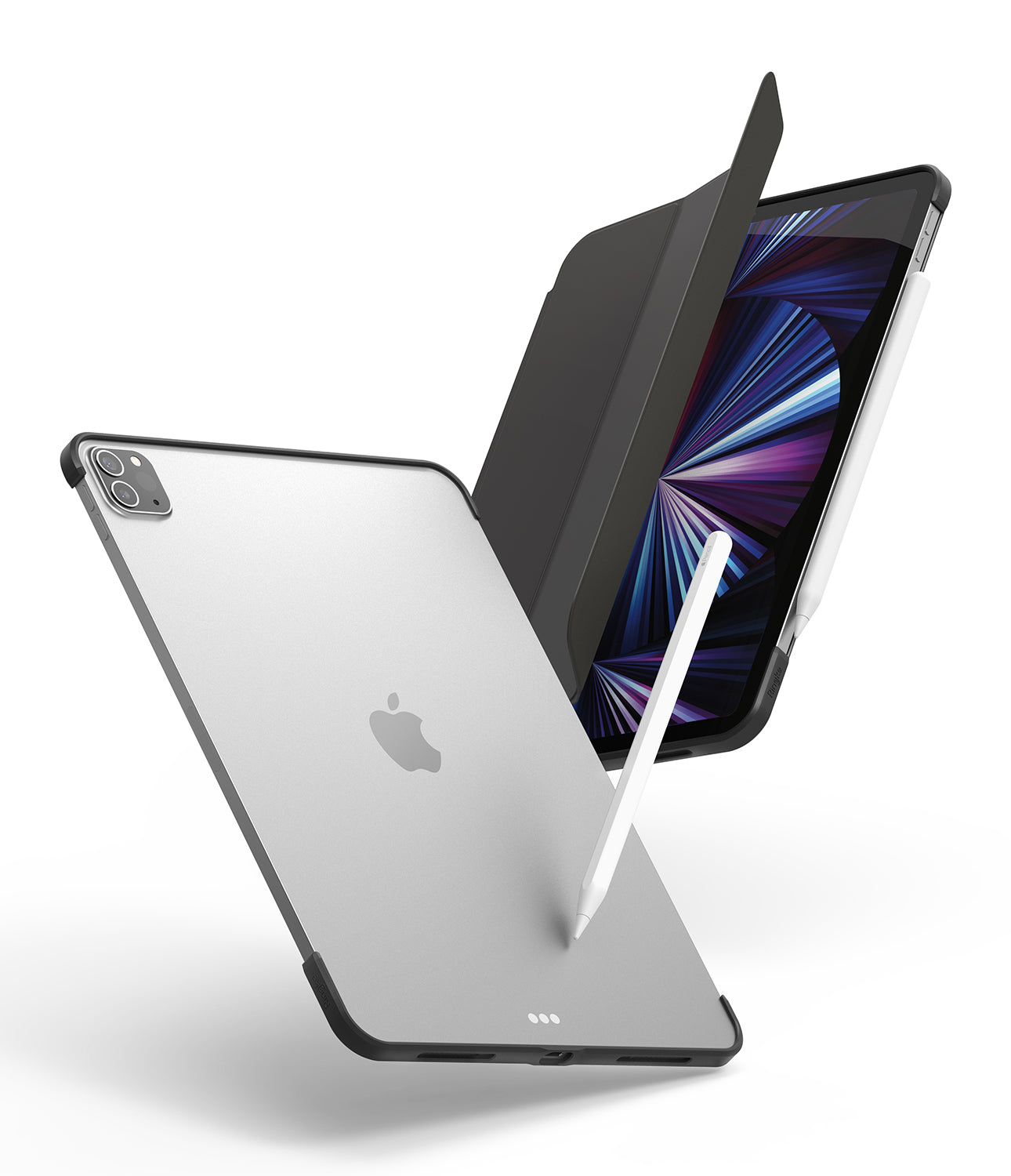 Frame Shield | iPad - Frame Shield - Silver iPad with black protective frame, folio cover, and stylus pen on a white background.