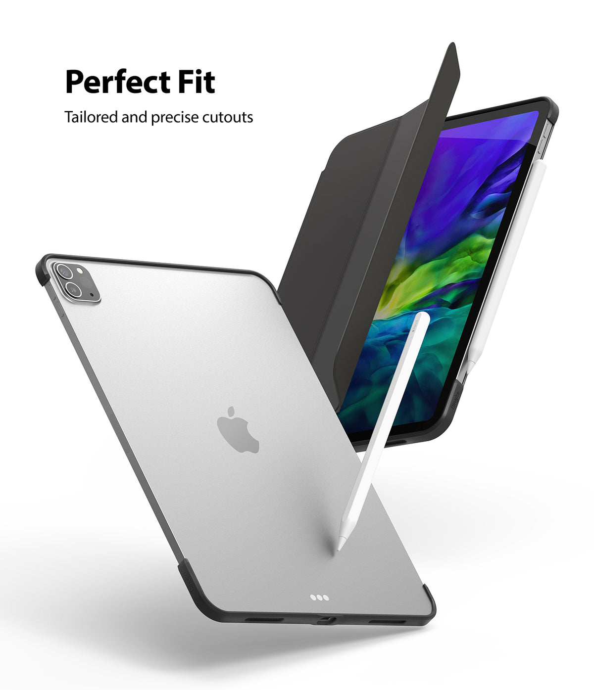 Frame Shield | iPad - Silver iPad with black protective frame and stylus, shown from front and back angles against white.
