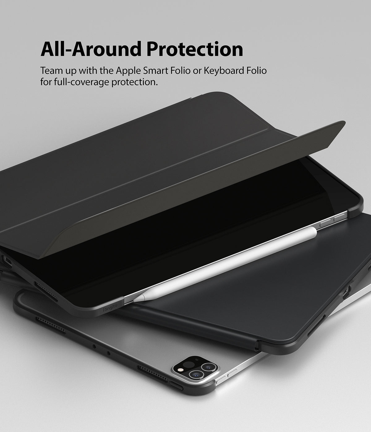 Frame Shield | iPad - Black protective frame on an iPad with a magnetic folio cover and Apple Pencil attached.
