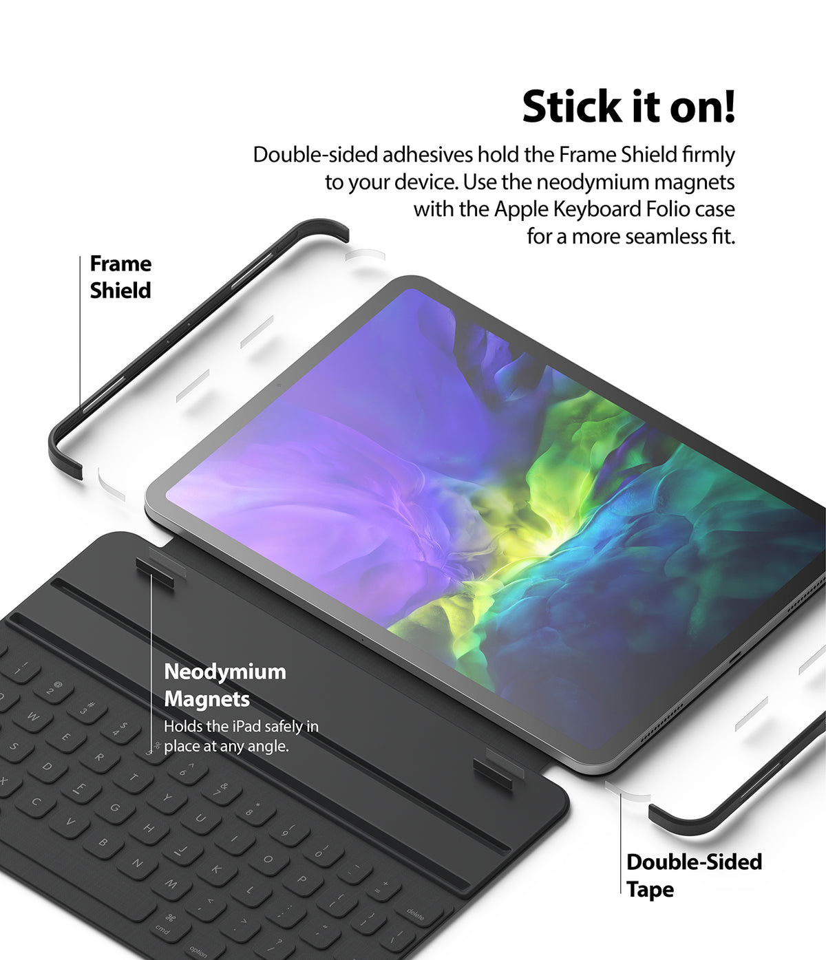 Frame Shield | iPad - Exploded view showing Frame Shield, double-sided tape, and magnets attaching an iPad to a keyboard.