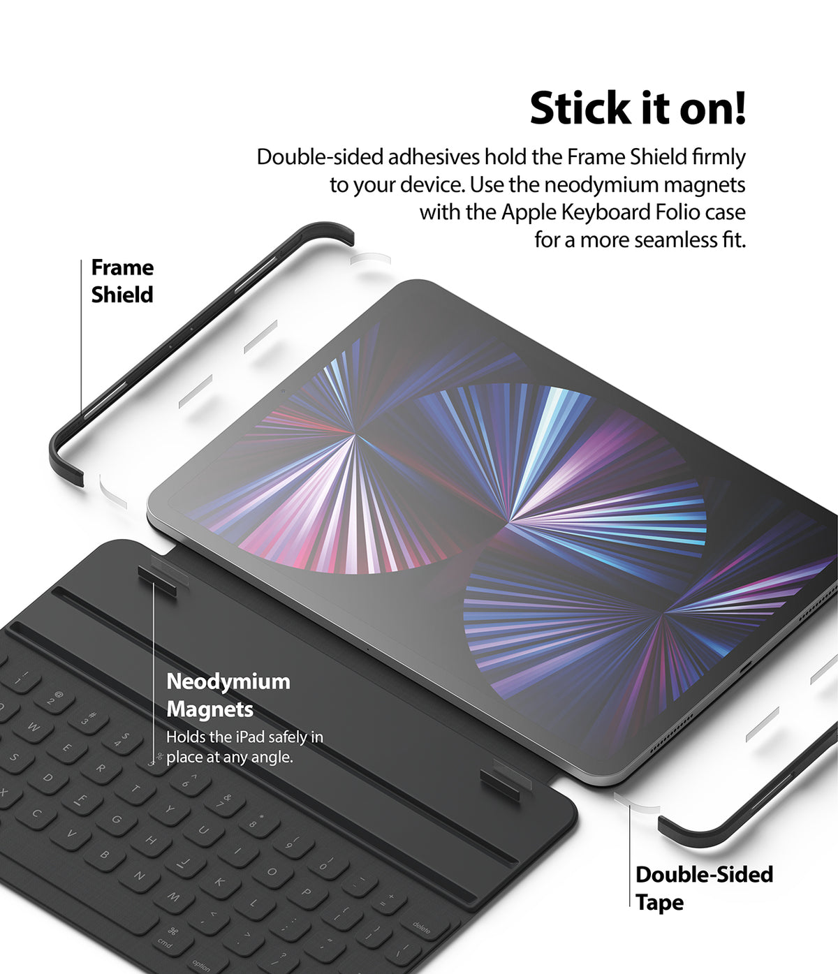 Frame Shield | iPad - Exploded view showing Frame Shield, double-sided tape, and magnets attaching an iPad to a keyboard case.