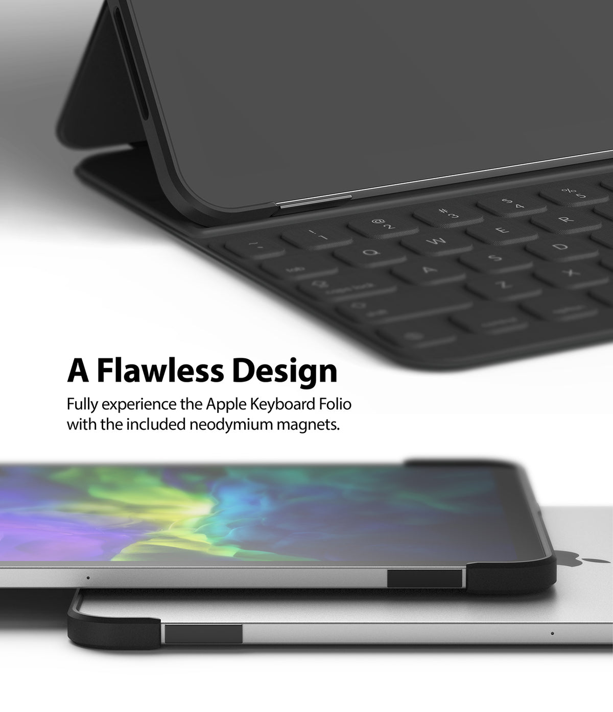 Frame Shield | iPad - Close-up of a black protective case on an iPad attached to an Apple Keyboard Folio with magnetic edges.