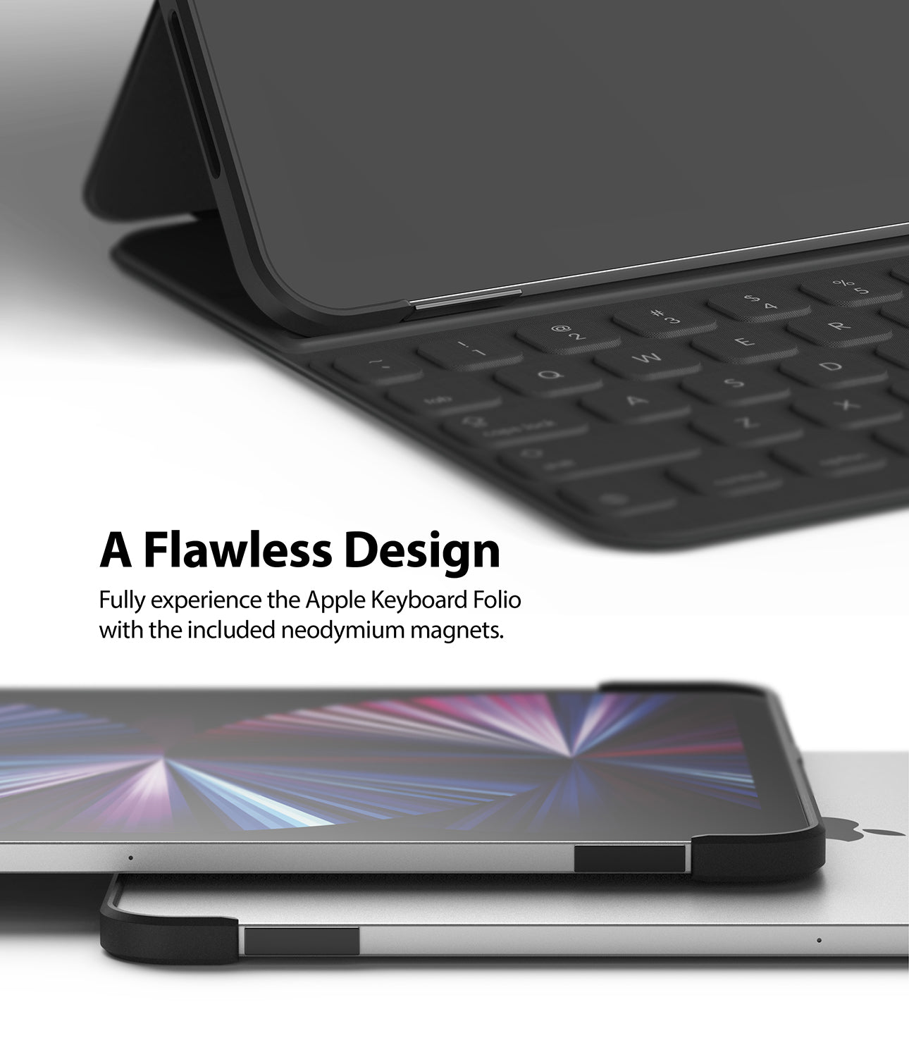 Frame Shield | iPad - Black protective case on an iPad attached to an Apple Keyboard Folio with magnetic alignment.