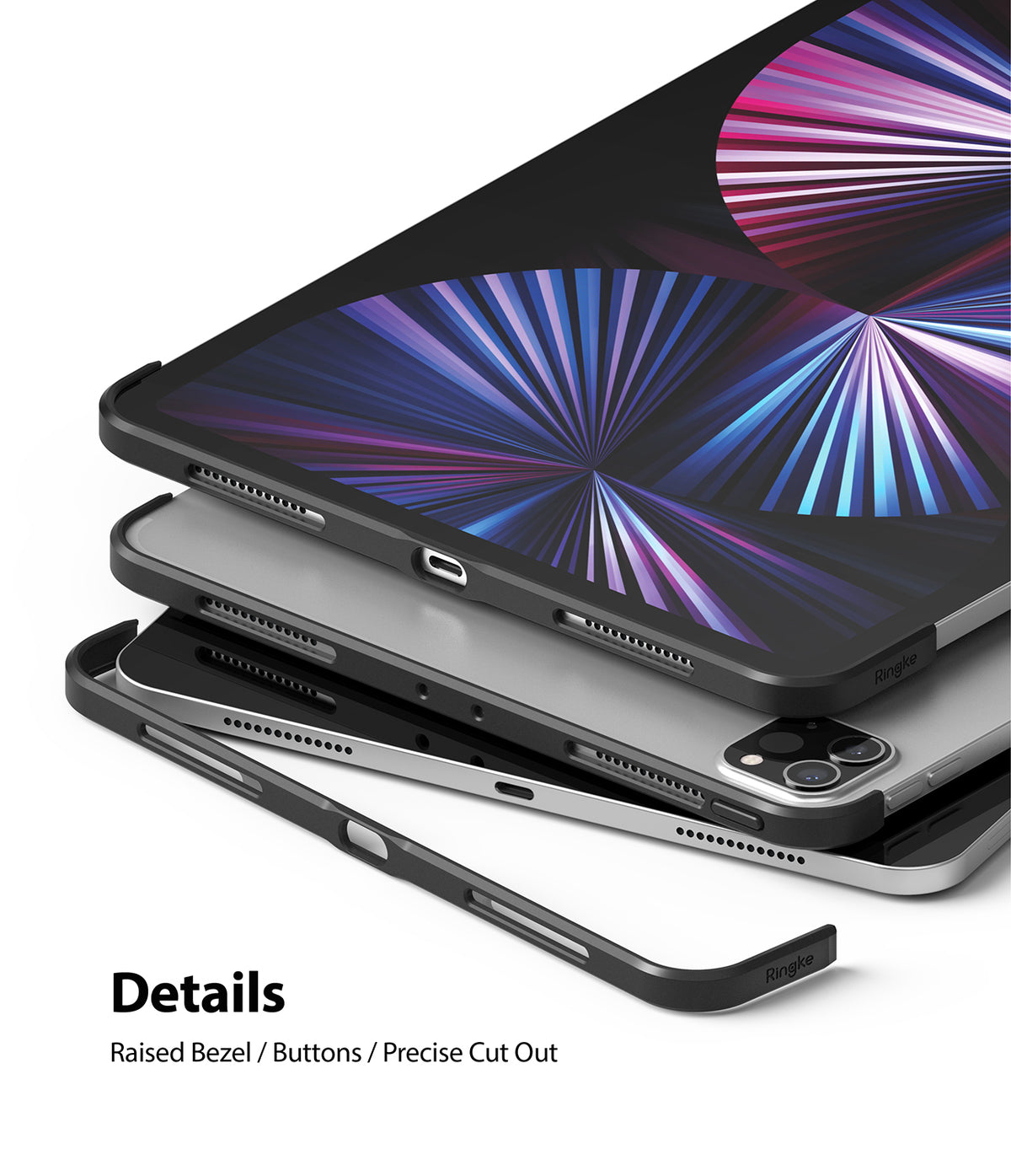 Frame Shield | iPad - Black frame shield case showing precise cutouts, raised bezels, and button access on an iPad.