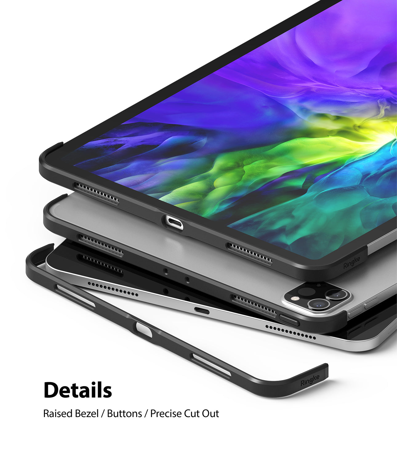 Frame Shield | iPad - Black protective frame case showing precise cutouts, raised bezels, and button access on an iPad.