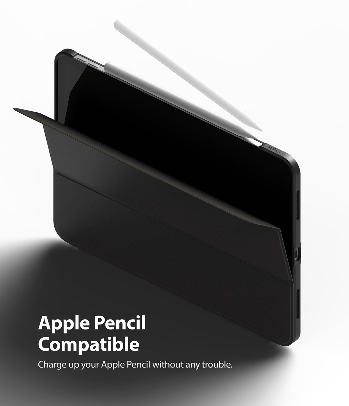 Frame Shield | iPad - Black protective case on an iPad with an Apple Pencil magnetically attached for charging.
