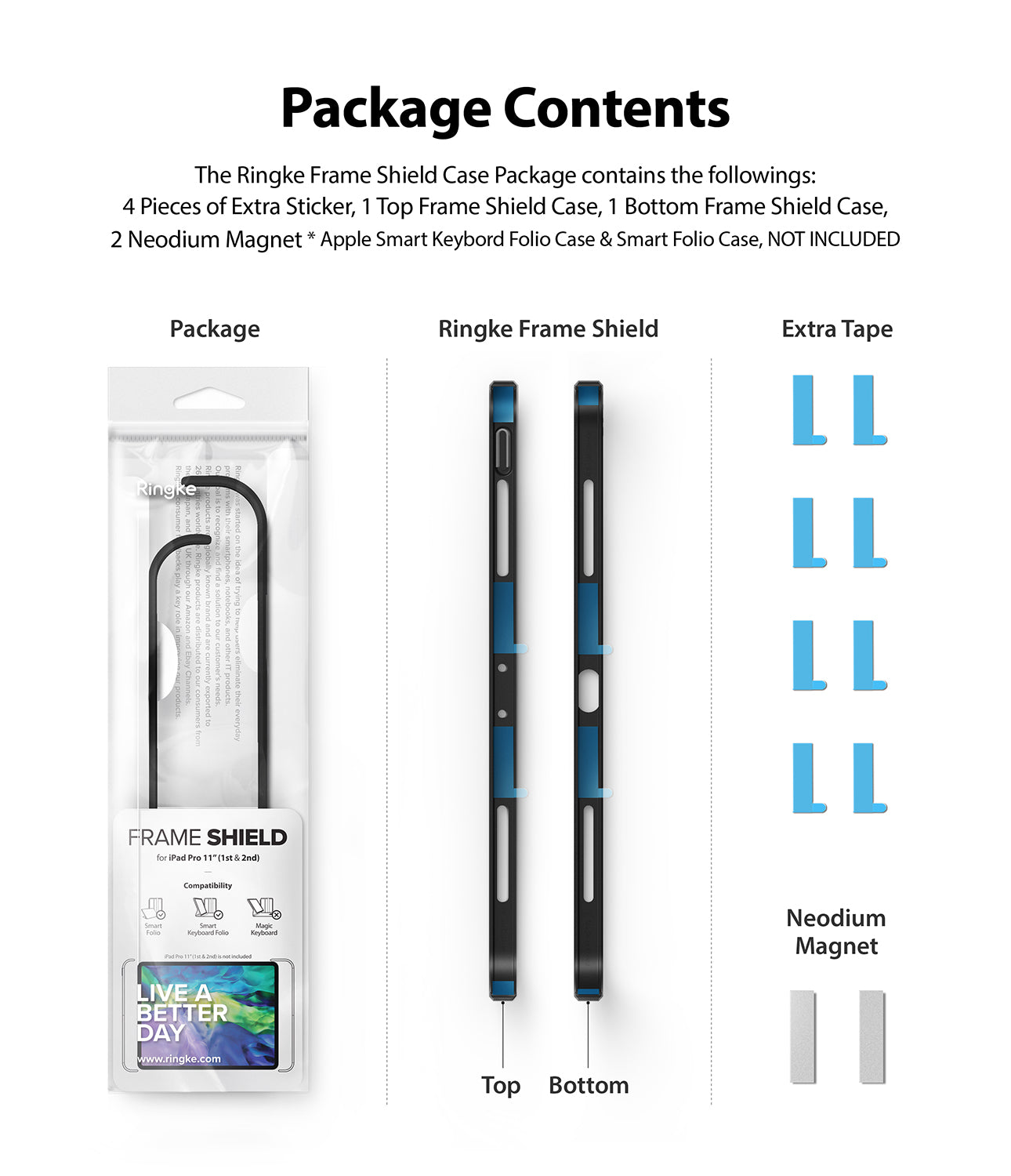 Frame Shield | iPad - Package contents showing case frames, extra adhesive strips, and magnets for iPad Pro.