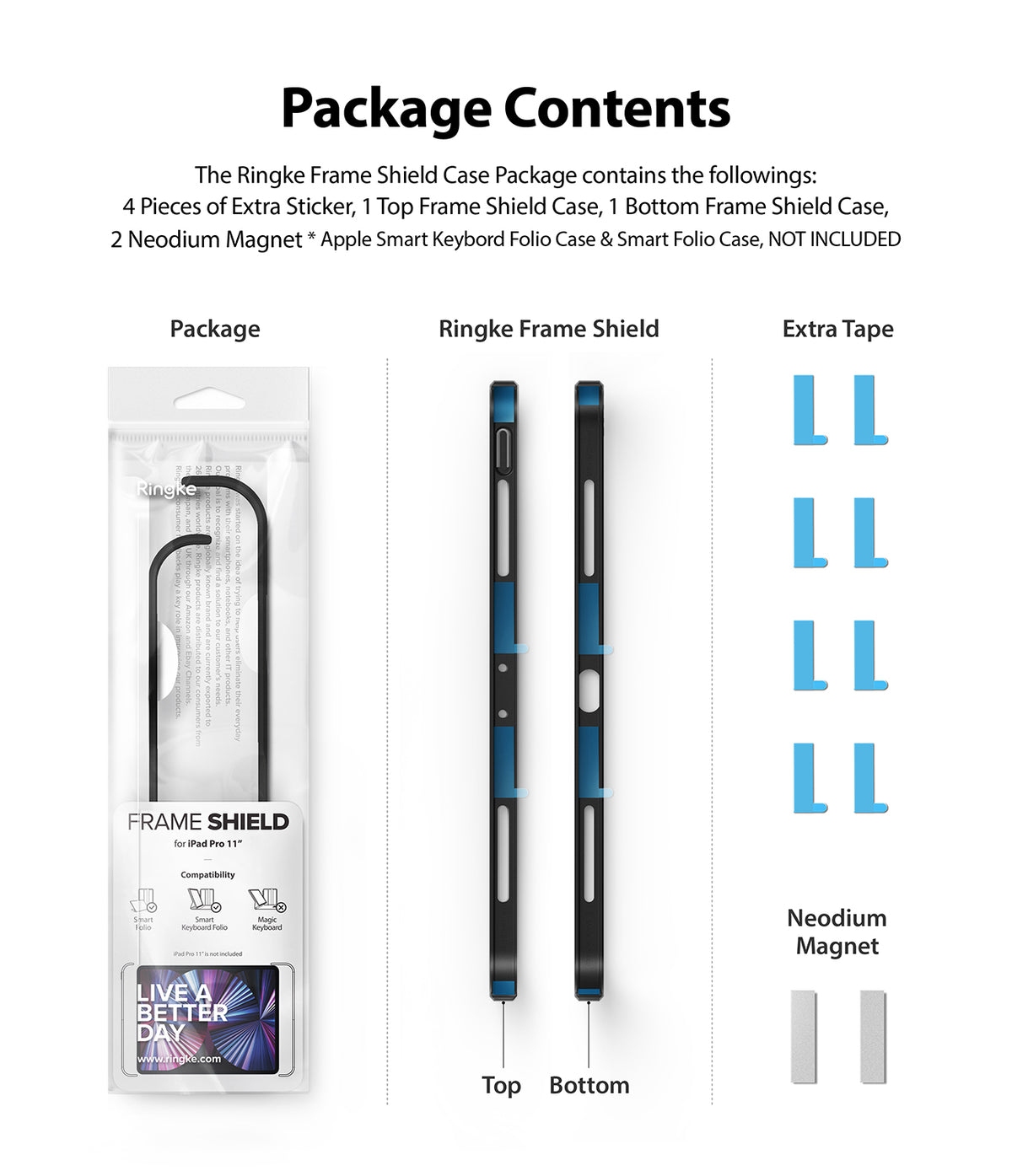 Frame Shield | iPad - Package contents showing case frames, extra adhesive strips, and magnets for iPad Pro.