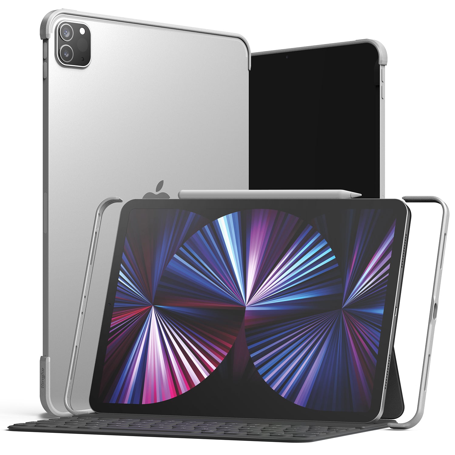Frame Shield | iPad - Silver protective frame for iPad with keyboard and stylus, showing front and back views.