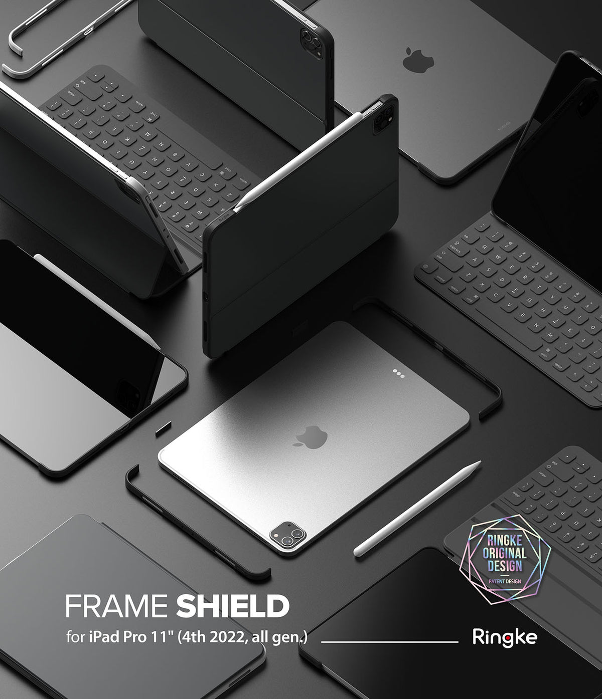 Frame Shield | iPad - Frame Shield - Multiple iPads with protective frames, keyboards, and styluses arranged on a dark gray surface.