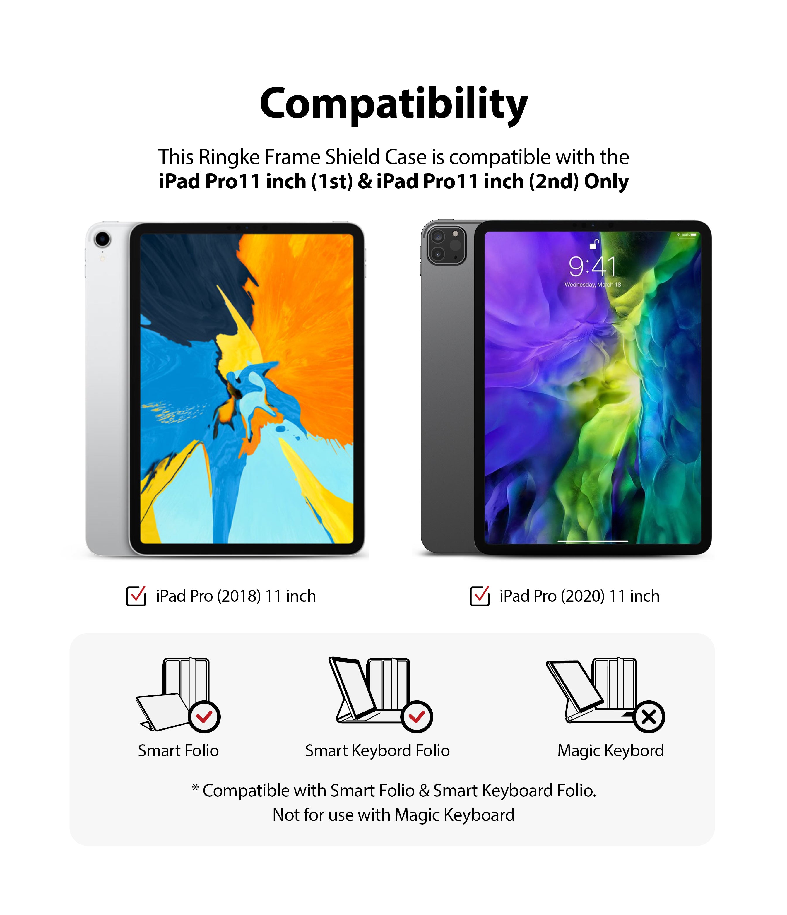 Frame Shield | iPad - Compatibility chart for iPad Pro 11-inch 1st and 2nd gen, showing supported folio and keyboard cases.