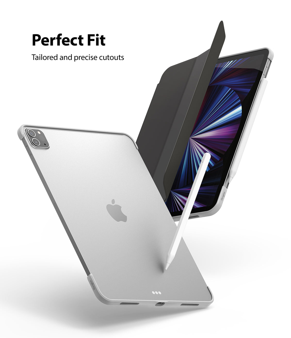 Frame Shield | iPad - Silver iPad case with precise cutouts, shown from back and front with a stylus attached.