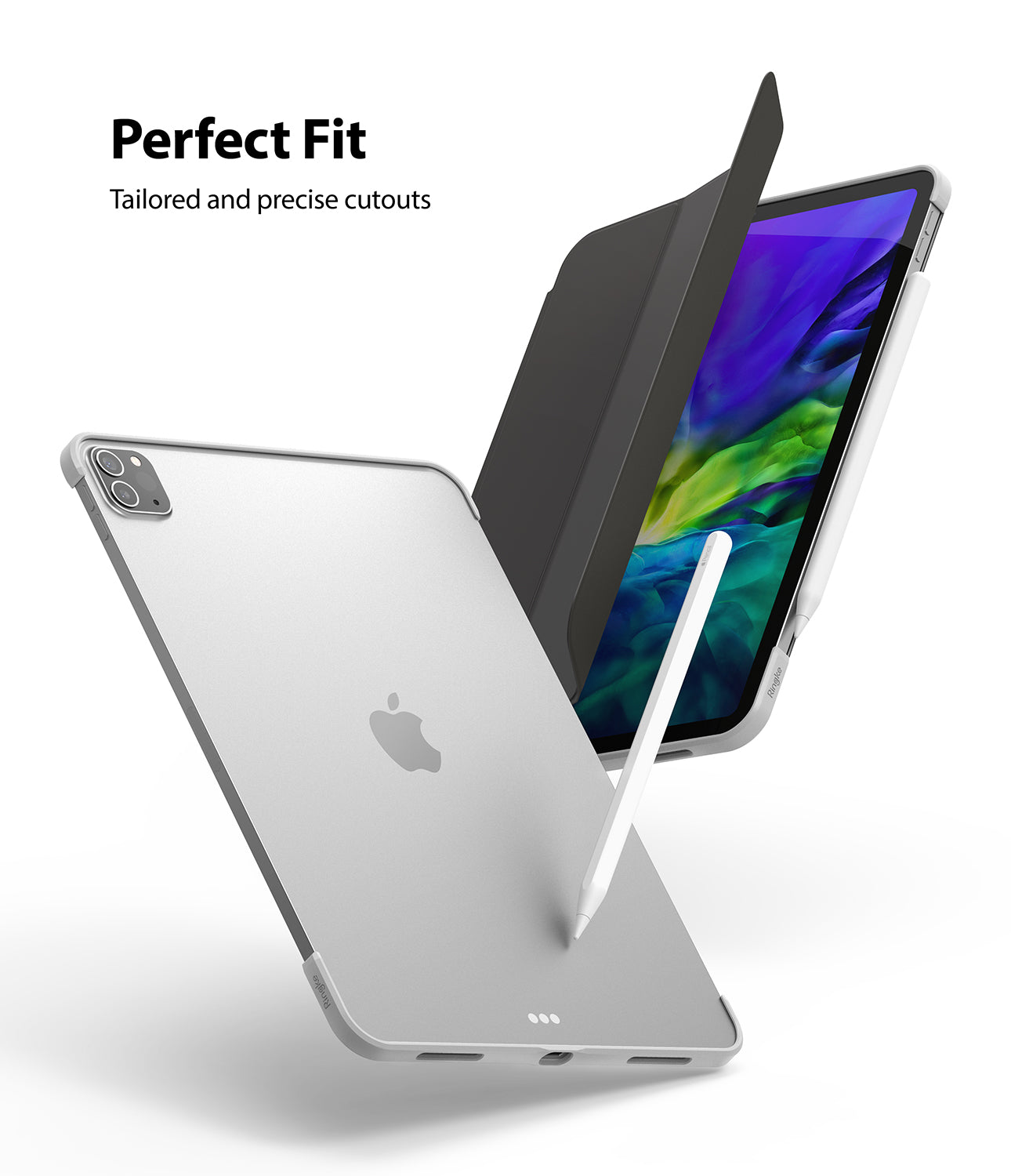 Frame Shield | iPad - Silver iPad case with precise cutouts, shown with a stylus and a black folio cover on a white background.