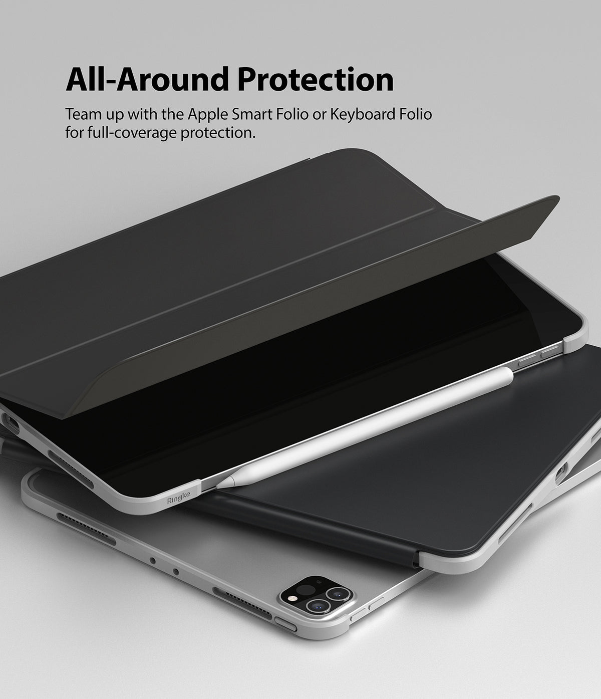 Frame Shield | iPad - iPad with Ringke frame case and Apple Pencil, partially covered by a black folio case.