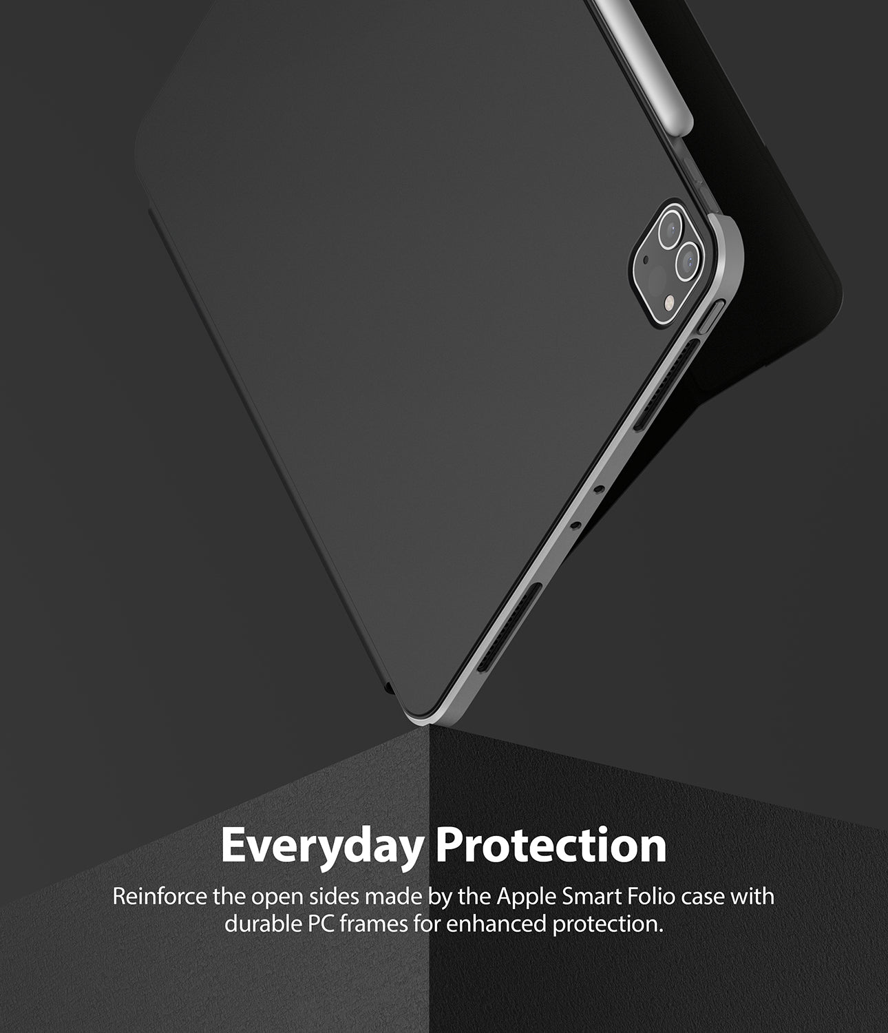 Frame Shield | iPad - A protective PC frame attached to the side of an iPad, shown against a dark background.