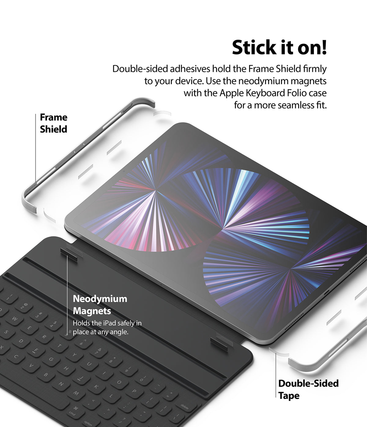 Frame Shield | iPad - Exploded view showing Frame Shield, double-sided adhesive strips, and magnets for an iPad keyboard folio.