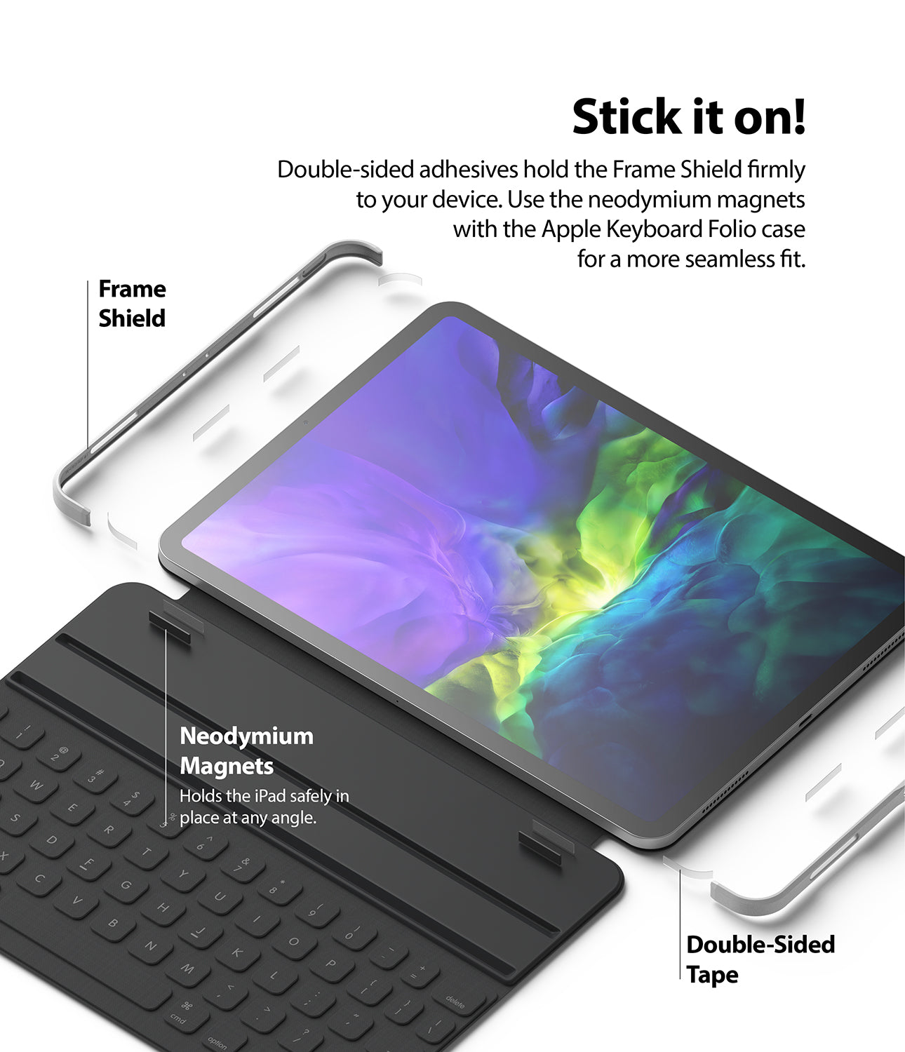 Frame Shield | iPad - Exploded view showing Frame Shield, double-sided tape, and iPad with Apple Keyboard Folio.