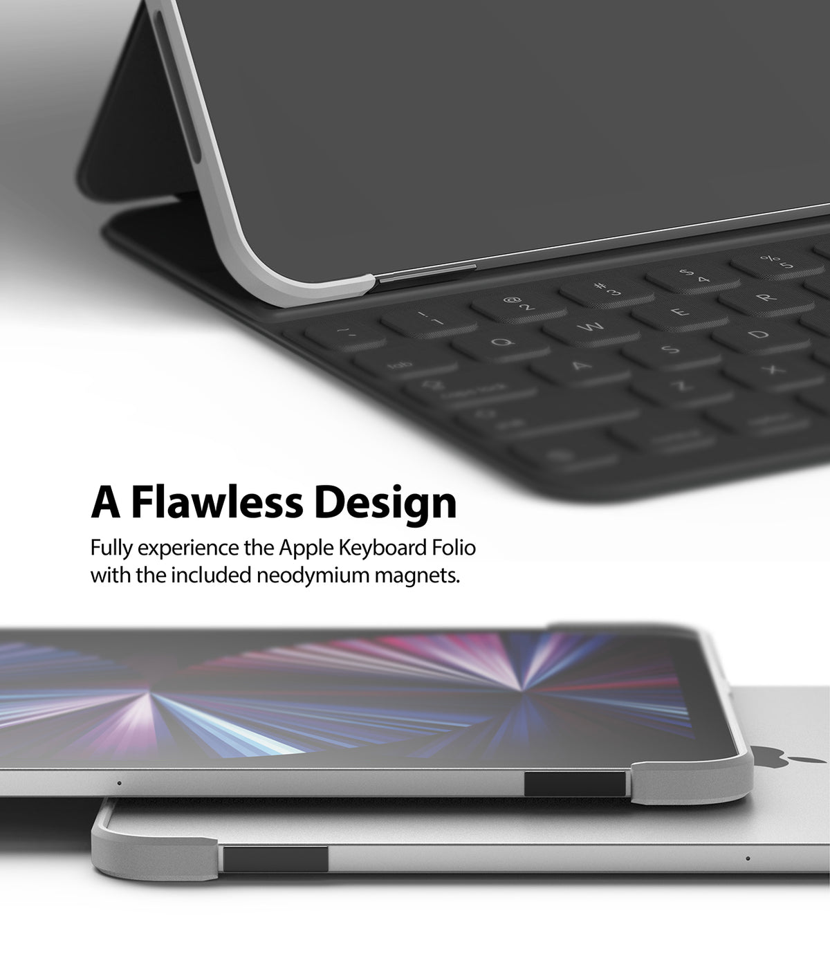 Frame Shield | iPad - iPad attached to a black keyboard folio and a close-up of the protective frame on a silver tablet.