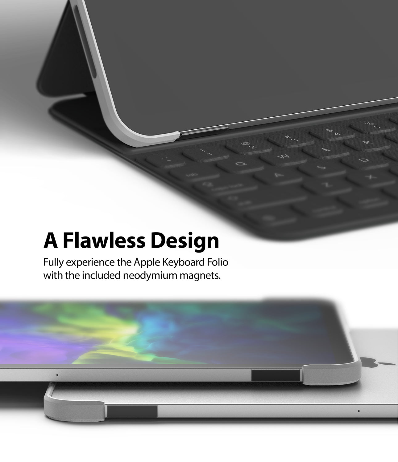 Frame Shield | iPad - Close-up of an iPad attached to a black keyboard folio with magnetic frame protection.