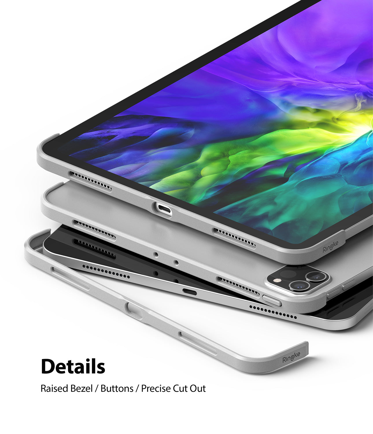 Frame Shield | iPad - Silver frame shield case components stacked on an iPad with precise cutouts and raised button covers.