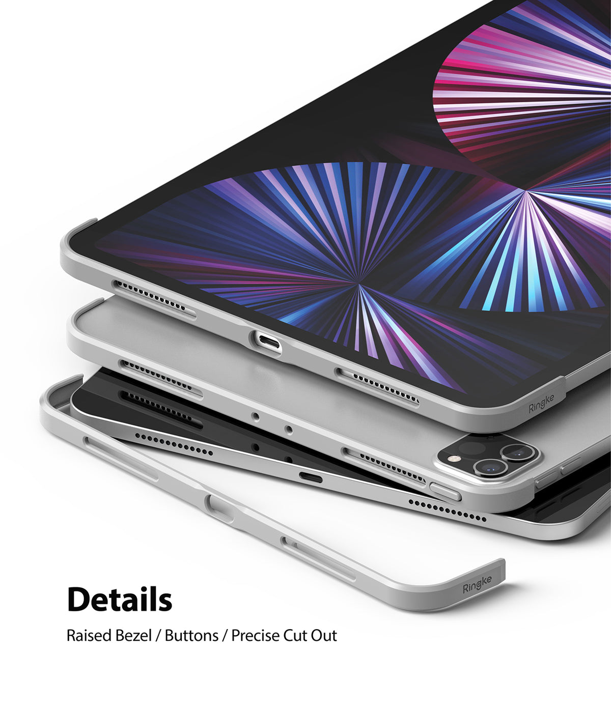 Frame Shield | iPad - Stacked iPad devices with silver frame cases showing precise cutouts, speaker ports, and raised bezels.