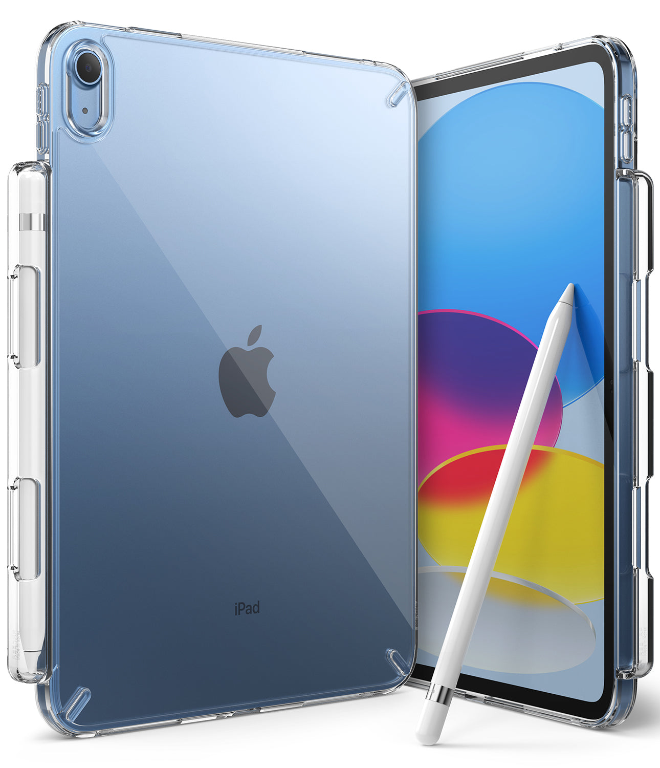 Fusion | iPad - Clear protective case on a blue iPad with a white stylus attached to the side.
