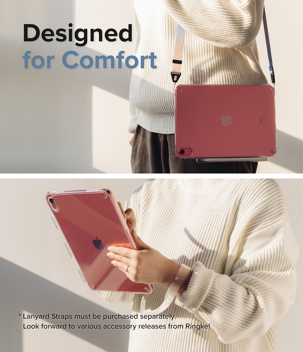 Fusion | iPad - Person wearing a clear iPad case with a shoulder strap and holding the device with a wrist lanyard.