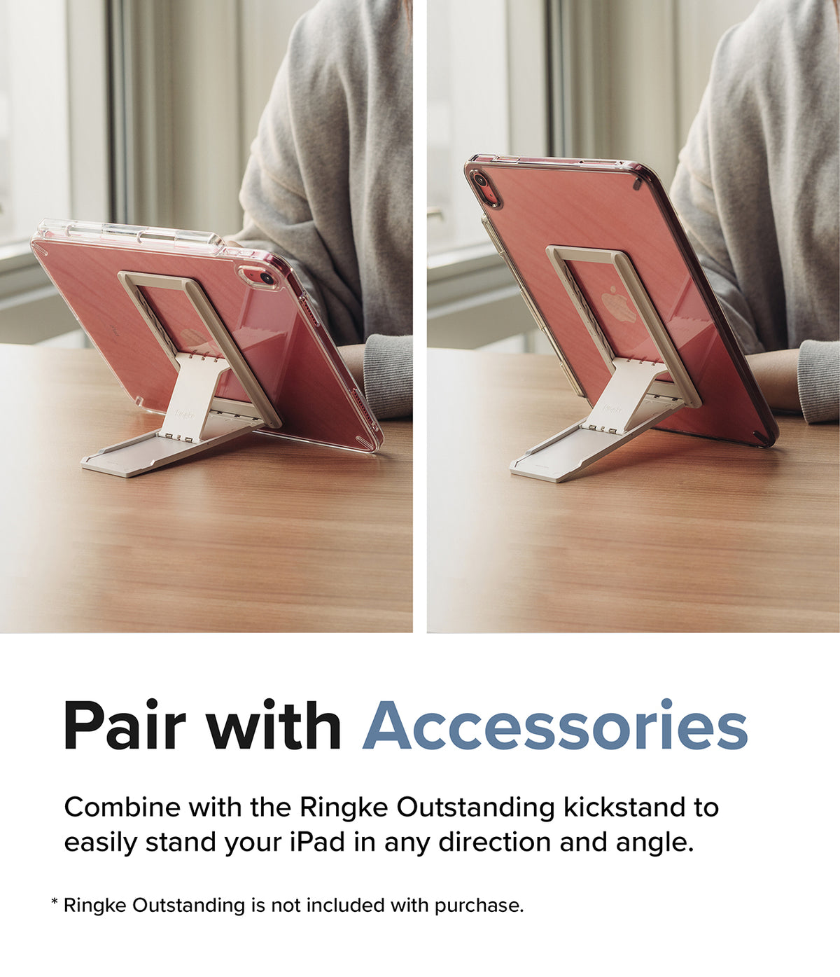 Fusion | iPad - Two views of a red iPad in a clear case propped up at different angles by a foldable beige kickstand.