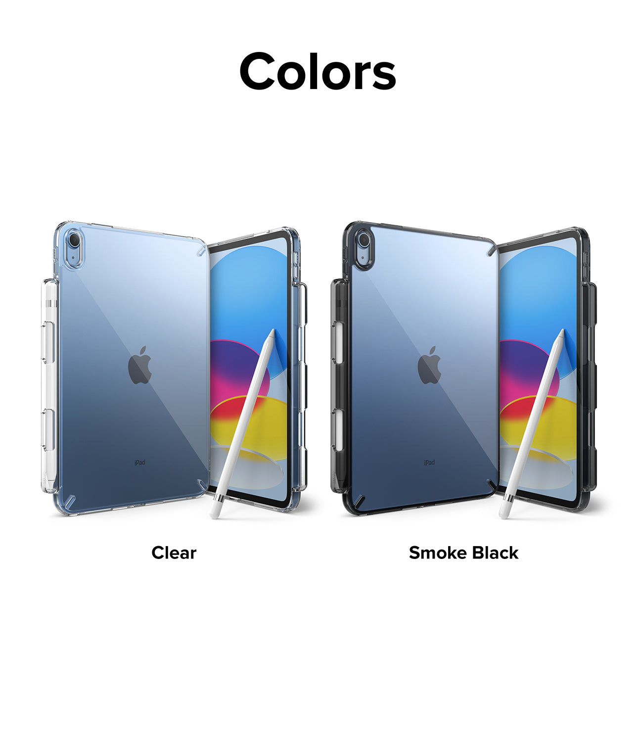 Fusion | iPad - Two iPads in clear and smoke black protective cases with stylus holders, displayed side-by-side on white.