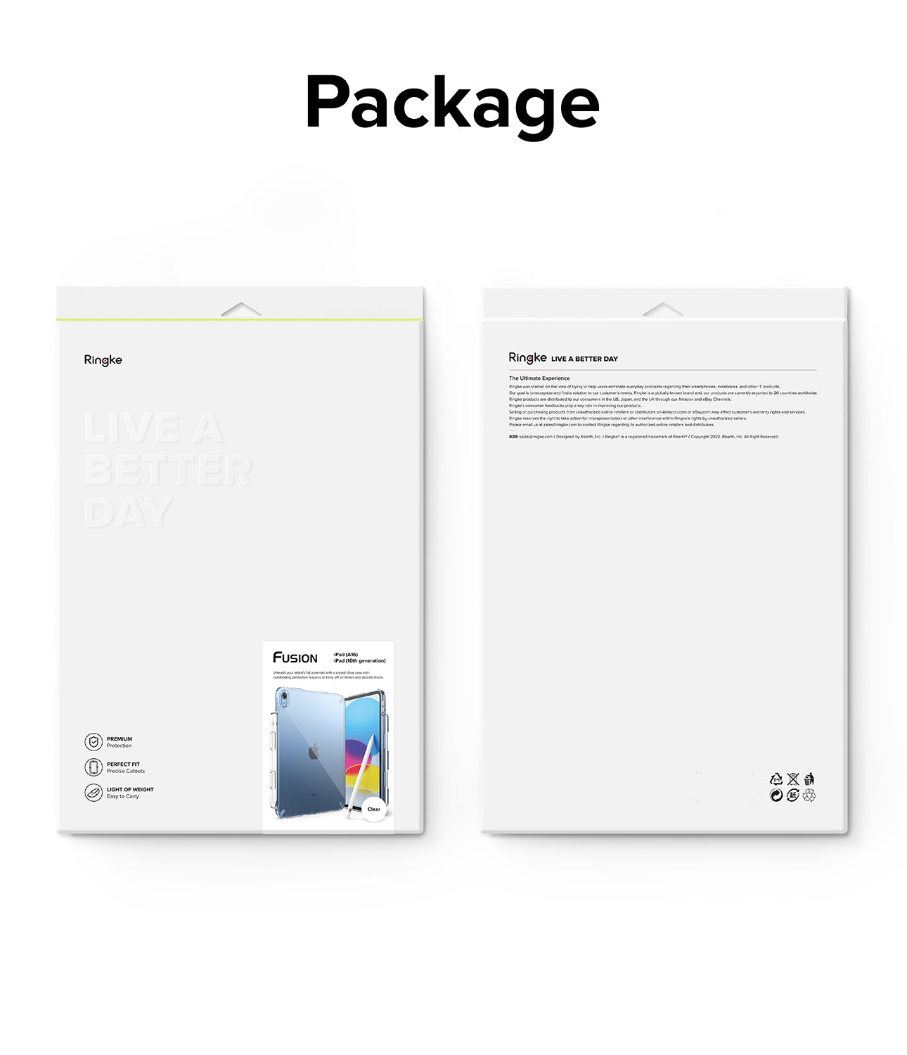 Fusion | iPad - Front and back view of white Ringke iPad case packaging with product details and branding.