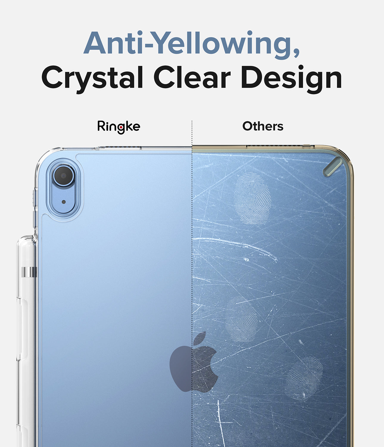 Fusion | iPad - Comparison showing a clear, scratch-free Ringke case versus a yellowed, scratched, and smudged competitor case.