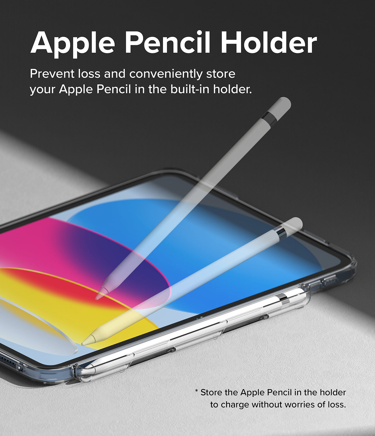 Fusion | iPad - A clear iPad case with a built-in Apple Pencil holder, showing a pencil stored and charging on the side.