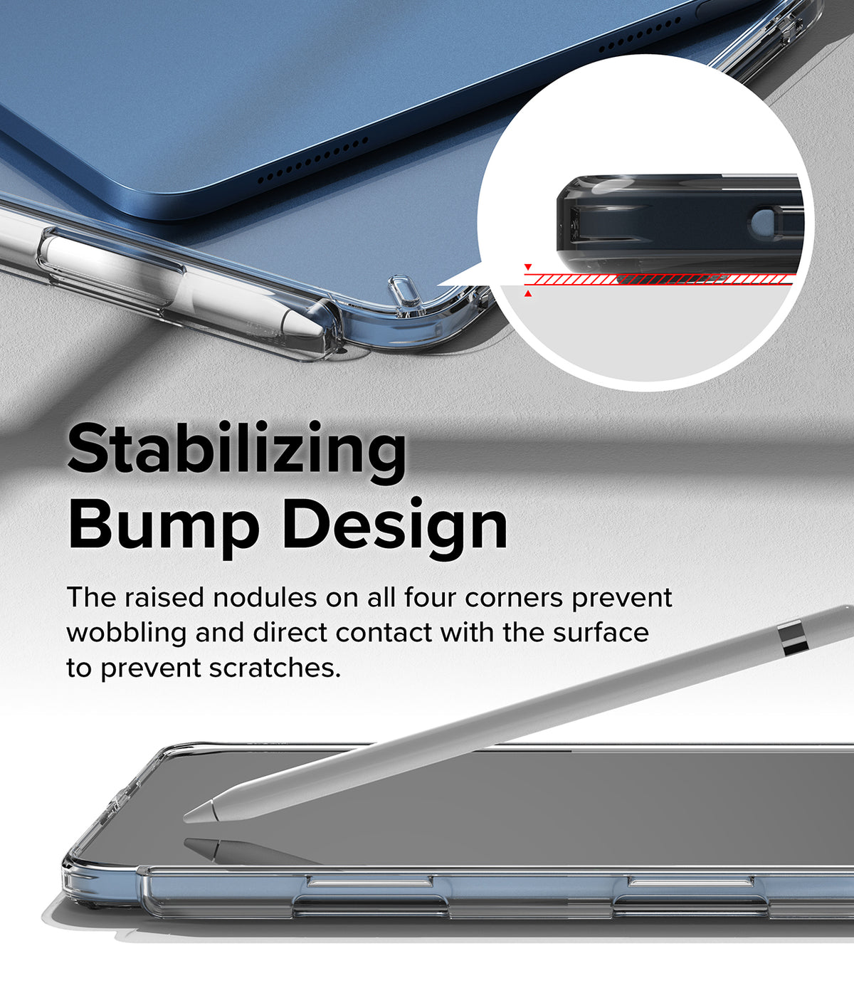 Fusion | iPad - Clear case with corner bumps to prevent surface contact and wobbling, shown with an Apple Pencil.