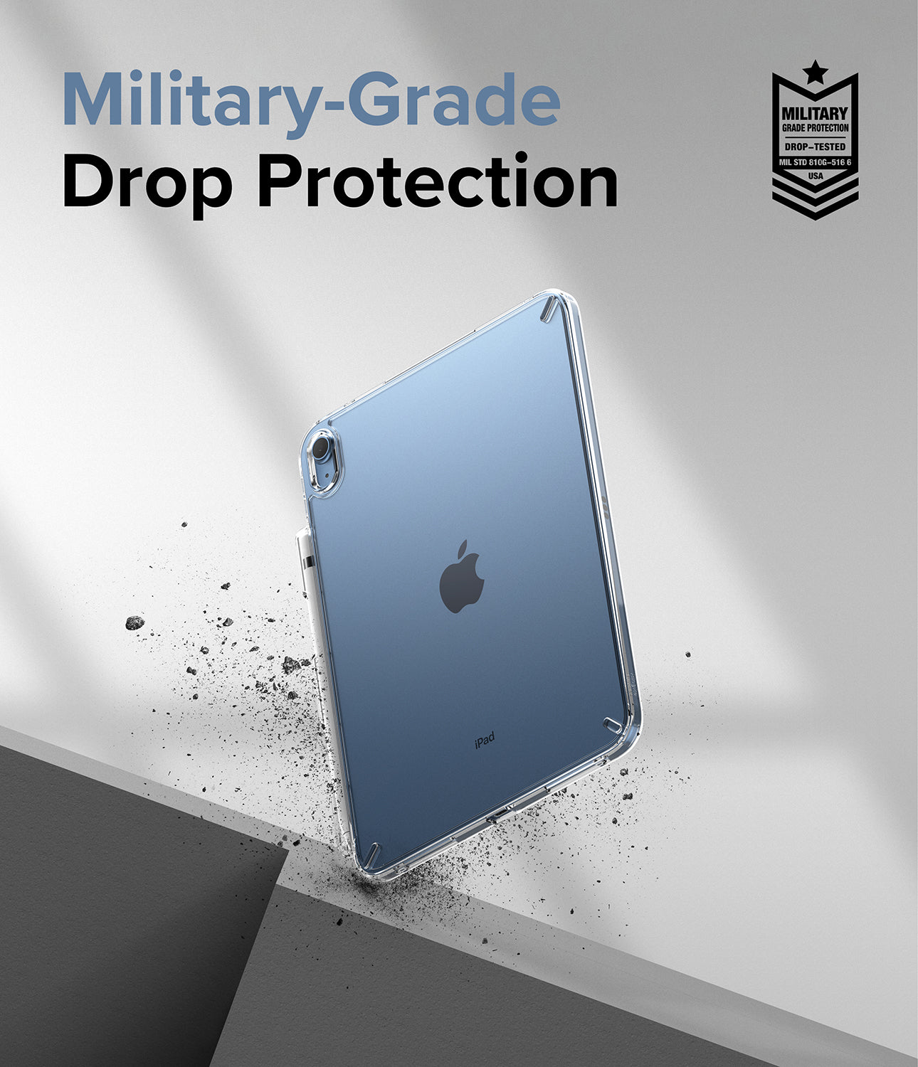 Fusion | iPad - Clear protective case on a blue iPad with military-grade drop protection text and badge.
