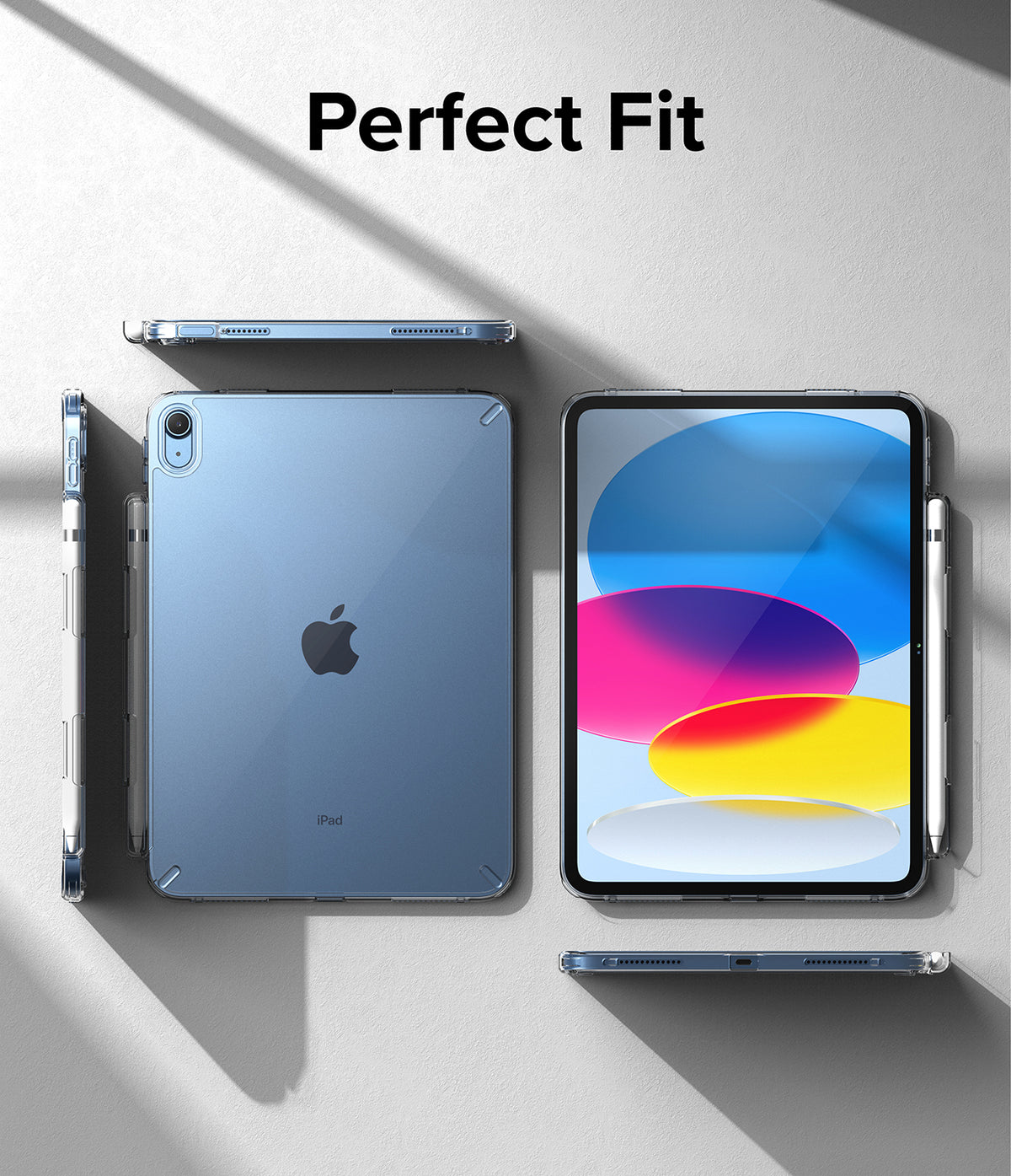 Fusion | iPad - A blue iPad in a clear case shown from multiple angles with a stylus attached on a light gray background.