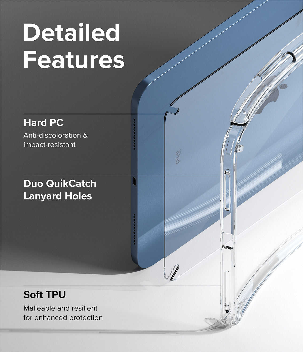 Fusion | iPad - Diagram showing hard PC back, lanyard holes, and soft TPU edges of a clear iPad protective case.