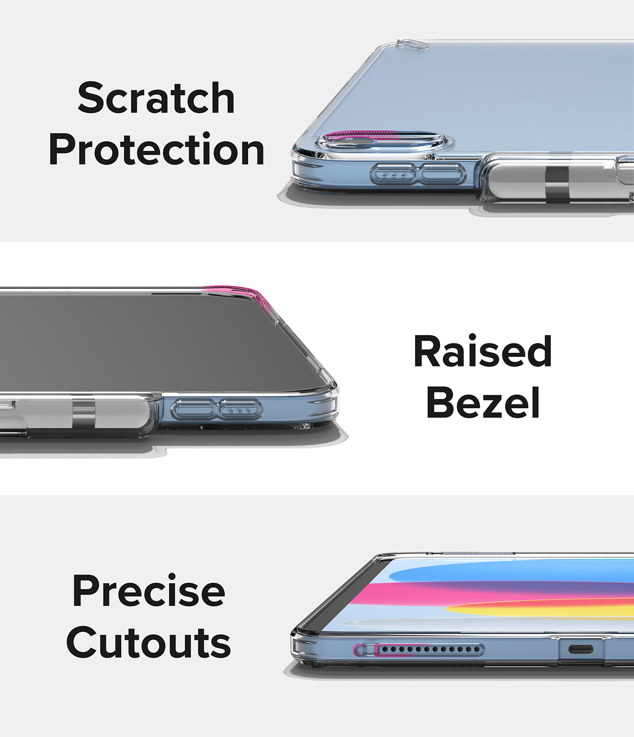 Fusion | iPad - Three panels showing iPad case features: scratch protection, raised bezel, and precise port cutouts.
