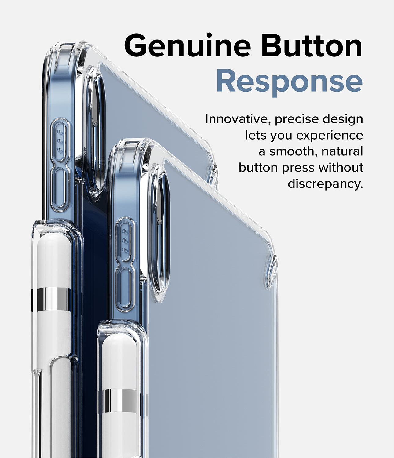 Fusion | iPad - Clear iPad case with precise button cutouts and a side slot for an Apple Pencil against a white background.