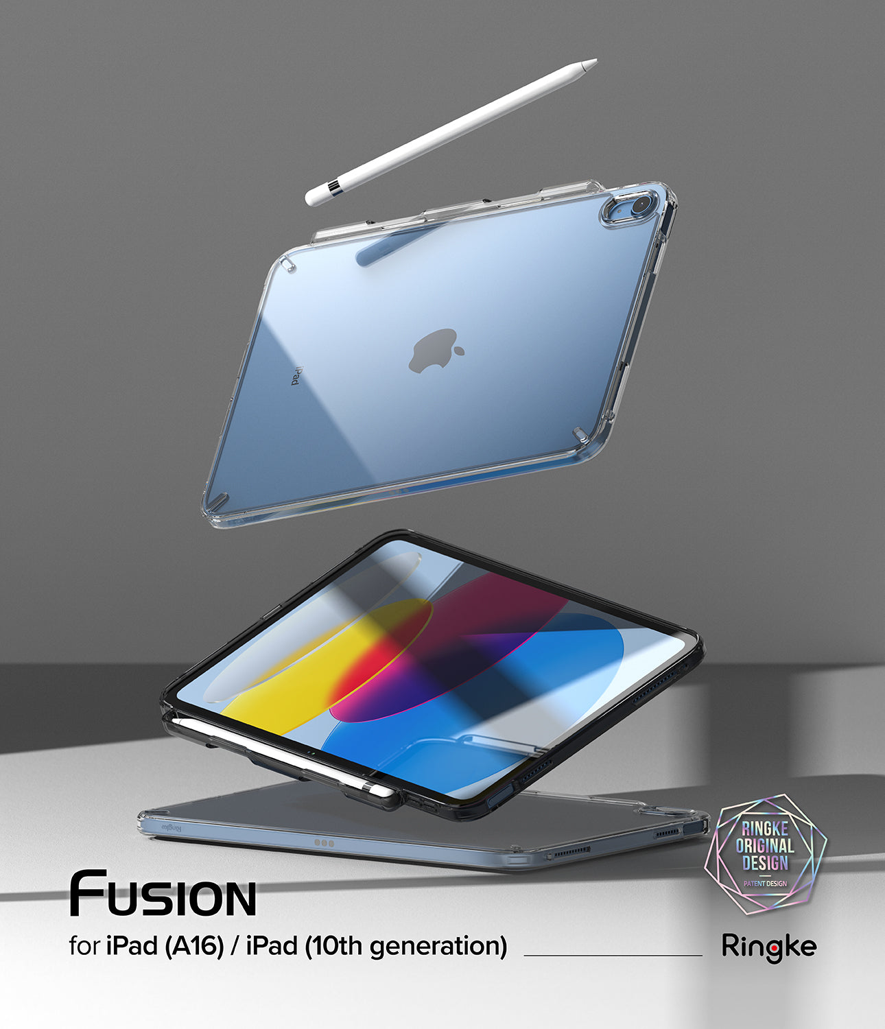 Fusion | iPad - Clear protective case for iPad 10th gen with a stylus floating above and a Ringke logo in the corner.